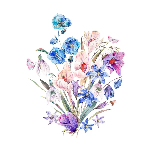 Akvarell våren bukett med blå blommor och snödroppar — Stockfoto