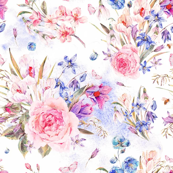 Akvarel na jaře bezešvé pozadí s růží — Stock fotografie
