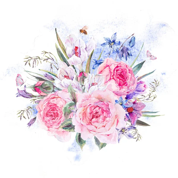 Suluboya bahar buket mavi kır çiçekleri ve kardelen