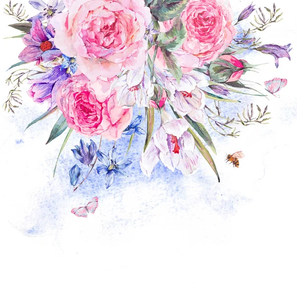Wiosną akwarela bukiet z Przebiśniegi i niebieski kwiaty — Zdjęcie stockowe