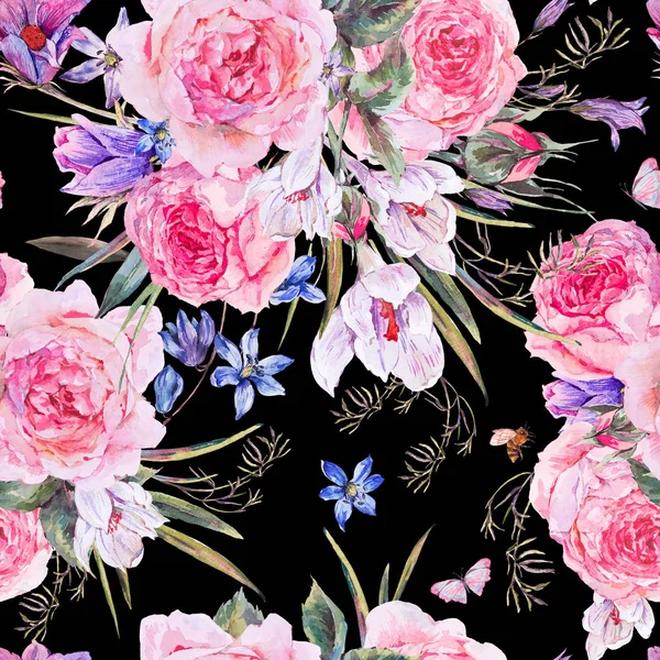 Akvarell tavaszi varratmentes háttérben rózsákkal — Stock Fotó