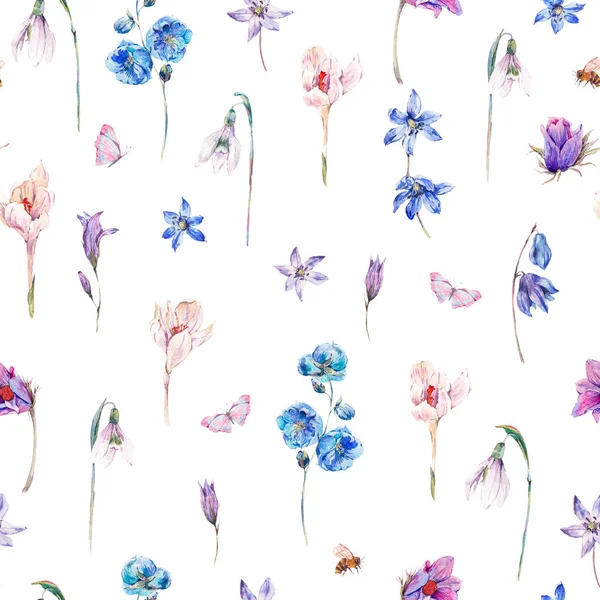 ブルーの野の花の水彩画春シームレスな背景 — ストック写真