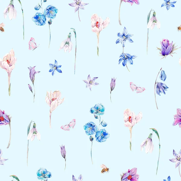 Acuarela primavera fondo sin costuras con flores silvestres azules —  Fotos de Stock