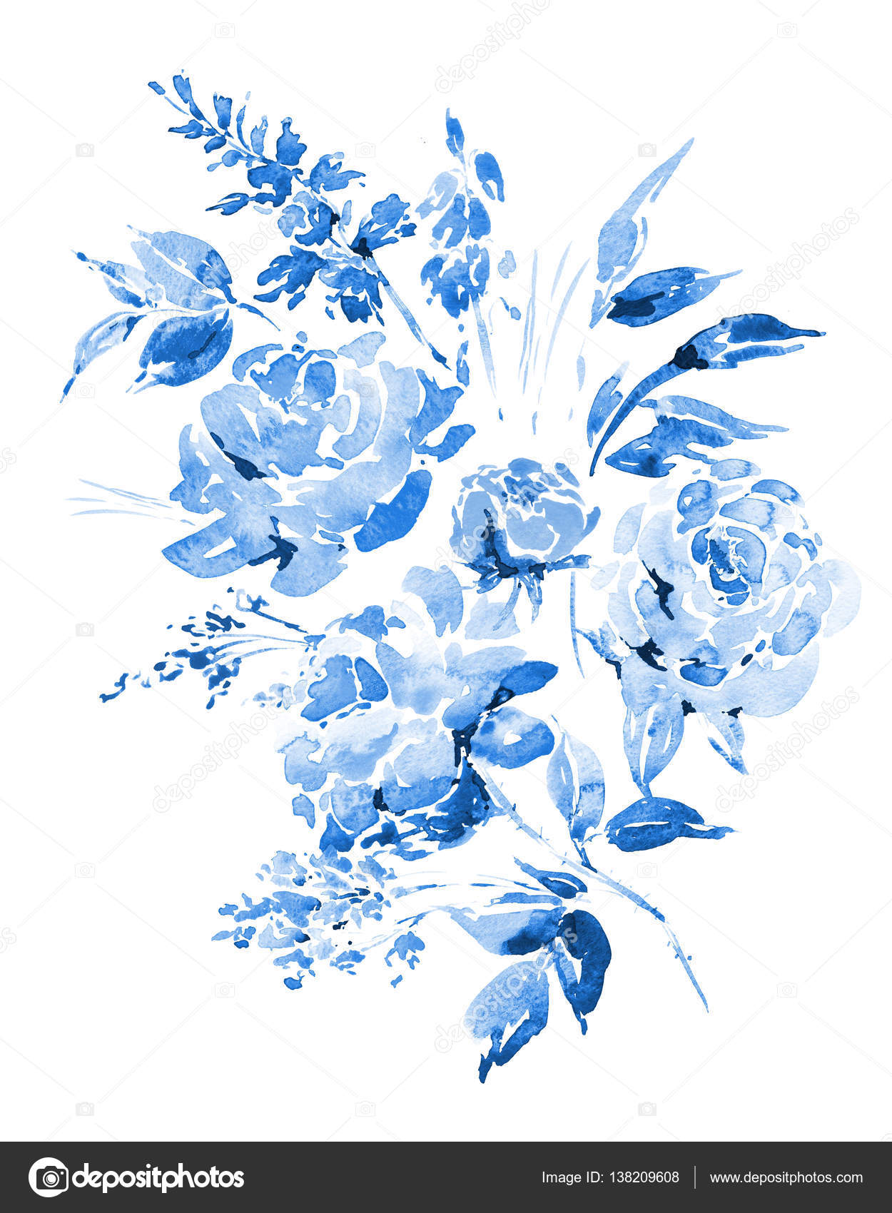水彩で青いばら 花 小枝 葉 芽 ストック写真 C Depiano