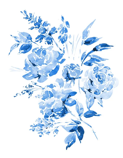 Rosas de acuarela azul - flores, ramitas, hojas, brotes — Foto de Stock