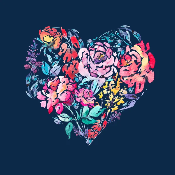 Sulu Boya renkli çiçek gül kalp — Stok fotoğraf