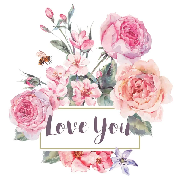 Vector Primavera vintage floral cartão com buquê de rosas —  Vetores de Stock
