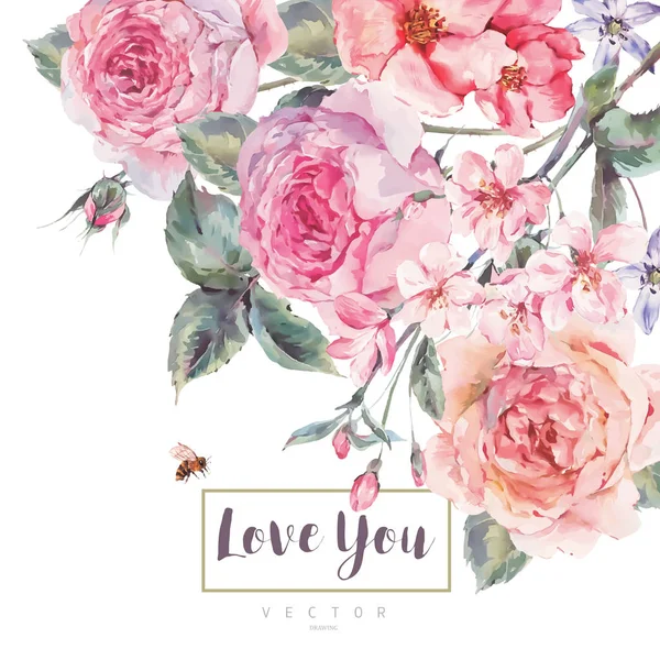 Vector Primavera vintage floral cartão com buquê de rosas — Vetor de Stock