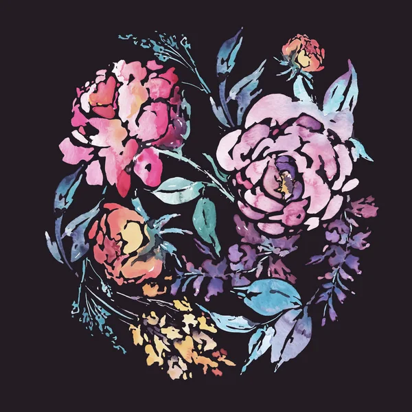 Vector acuarela floral marco redondo de rosas rojas — Archivo Imágenes Vectoriales