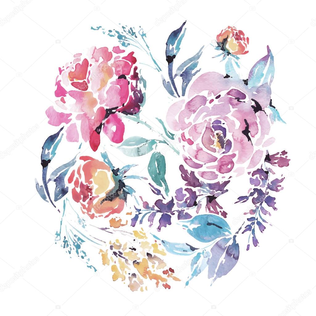 Vector watercolor floral round frame of red roses