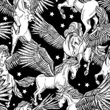 Kanatlı bir pegasus vektör tek renkli kesintisiz paterni