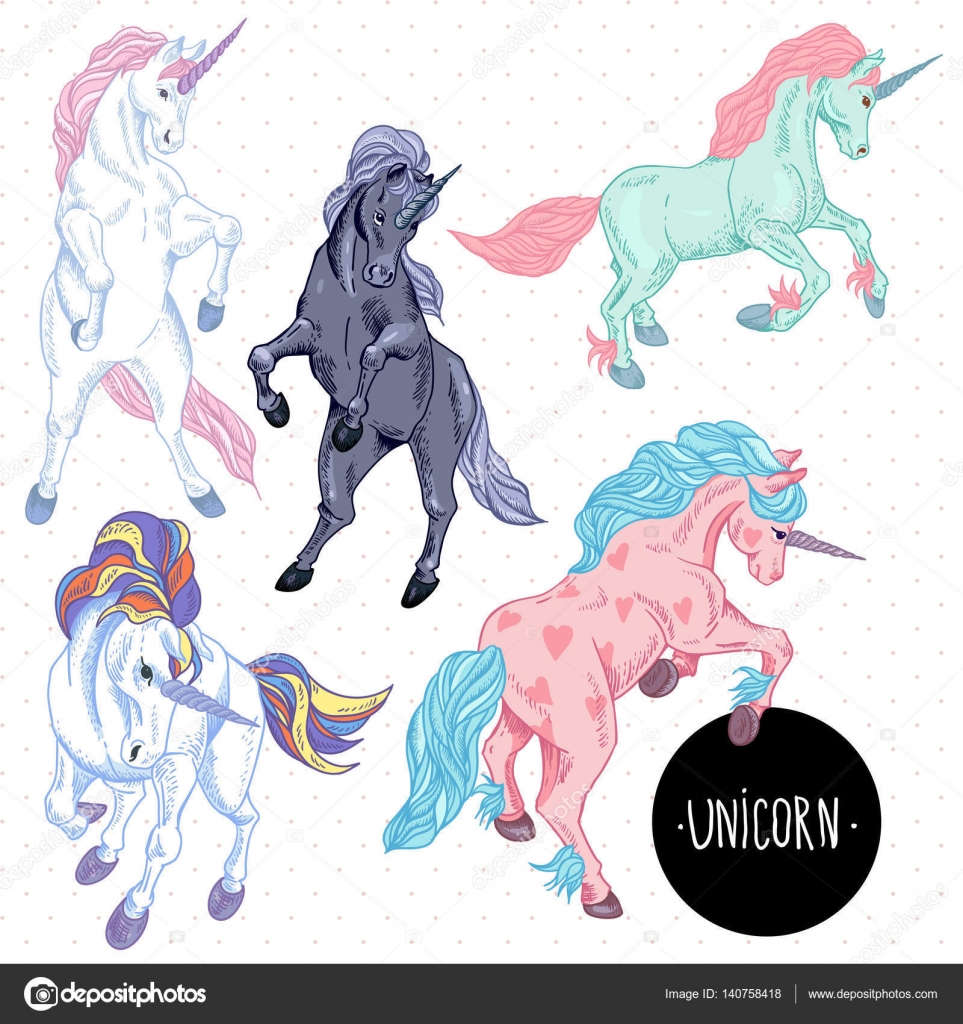 Insieme colorato disegnato di Unicorno a mano elementi di disegno dell annata di vettore contorni collezioni di disegni — Vettoriali di Depiano