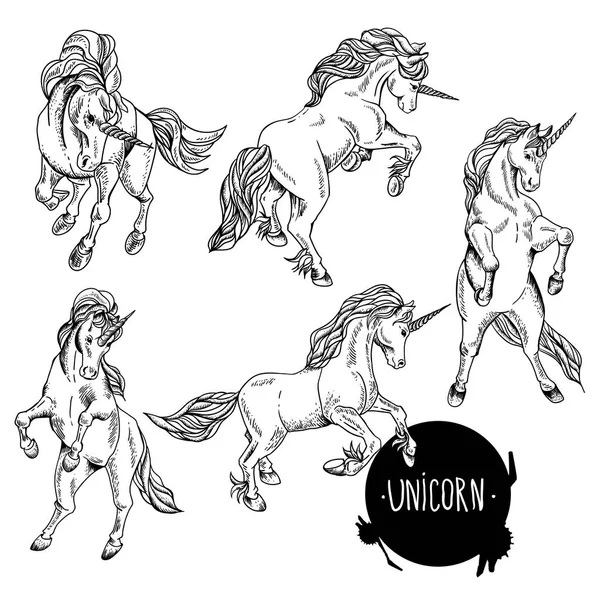 Set monocromatico disegnato a mano di unicorno — Vettoriale Stock