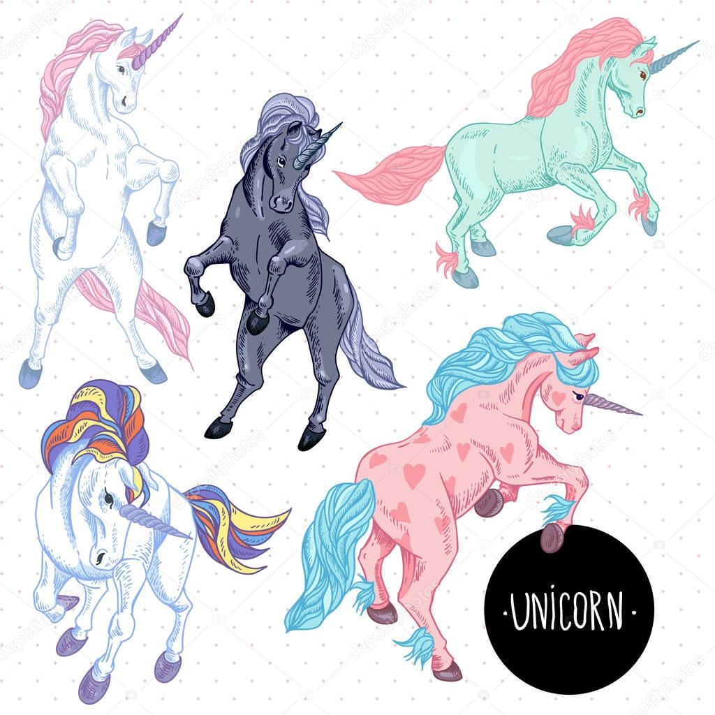Hand drawn vector colorful set of unicorn