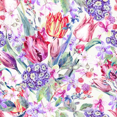Vintage Flowers Watercolor Seamless Pattern, Purple Tulips clipart