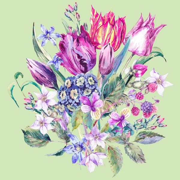 Vintage bloemen aquarel boeket, paarse tulpen — Stockfoto