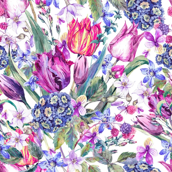 Vintage Flowers Watercolor Seamless Pattern, Purple Tulips — Stock Photo, Image