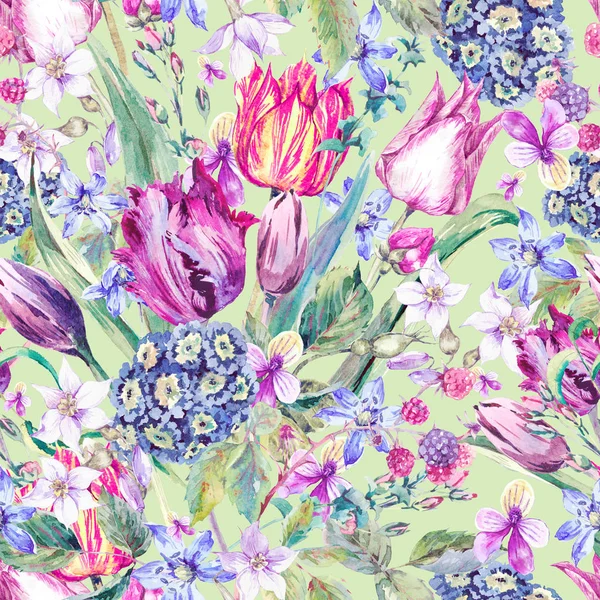 Vintage Flowers Watercolor Seamless Pattern, Purple Tulips