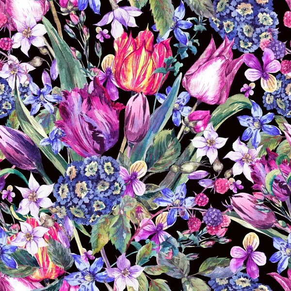 Fleurs Vintage Aquarelle Modèle sans couture, tulipes violettes — Photo