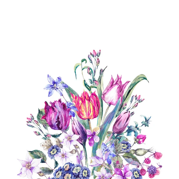 Fleurs Vintage Bouquet Aquarelle, Tulipes Violettes — Photo