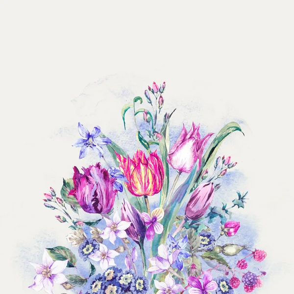 Vintage Blumen Aquarell Strauß, lila Tulpen — Stockfoto