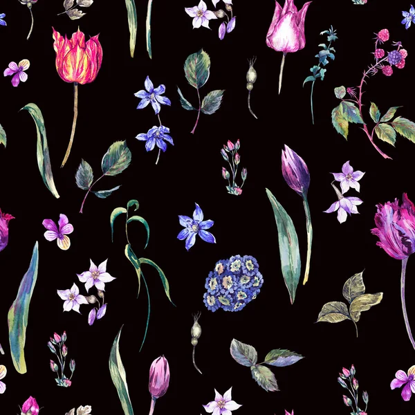 Vintage Flowers Watercolor Seamless Pattern, Purple Tulips — Stock Photo, Image