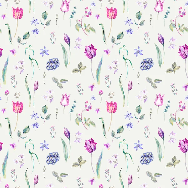 Vintage Flowers Watercolor Seamless Pattern, Purple Tulips — Stock Photo, Image