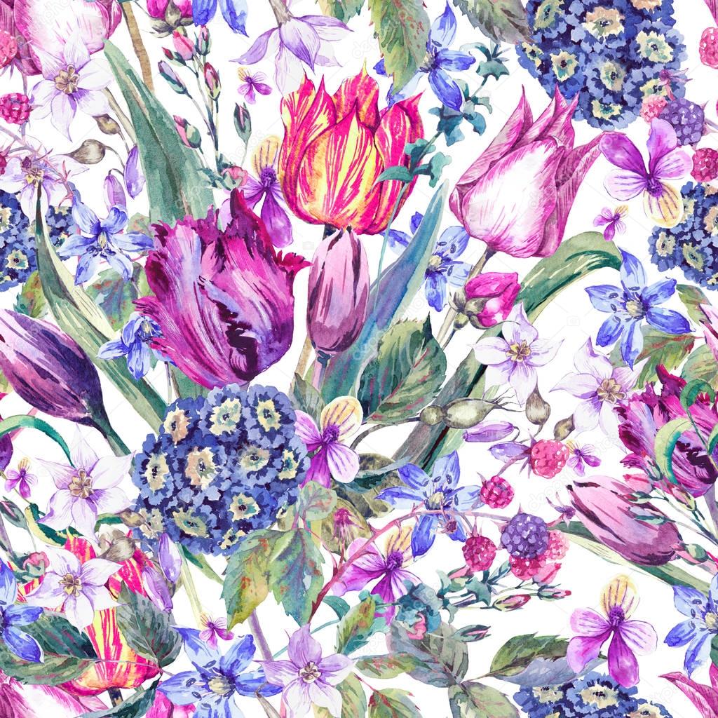 Vintage Flowers Watercolor Seamless Pattern, Purple Tulips