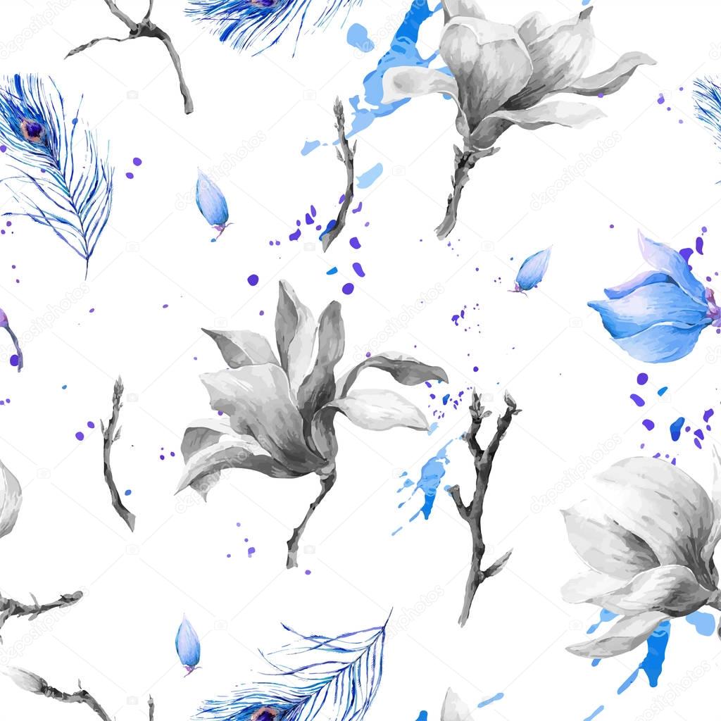 Watercolor Seamless Pattern with Flowers Magnolia