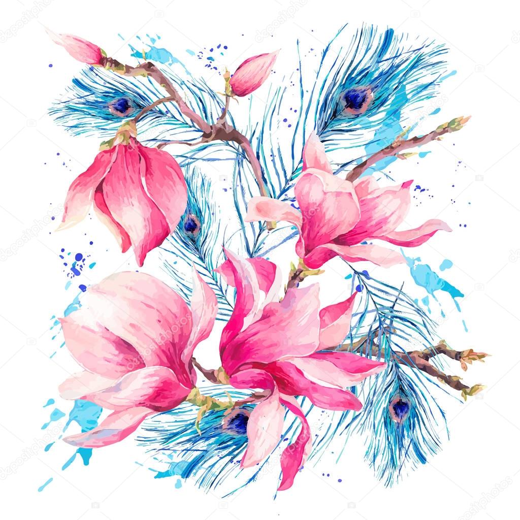 Watercolor Greeting Card with Blooming Flowers Magnolia