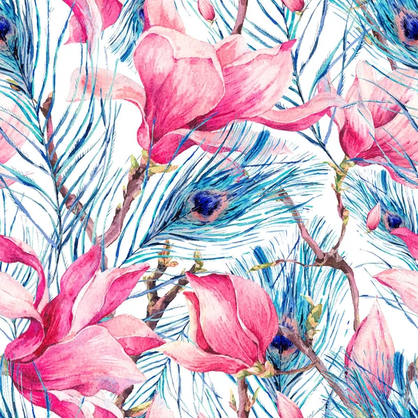 Patrón sin costura con Magnolia y pluma de pavo real — Foto de Stock