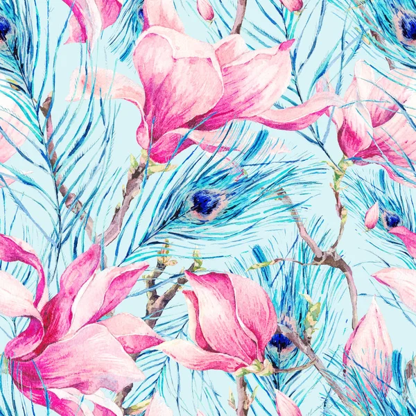 マグノリアと孔雀の羽のシームレス パターン — ストック写真
