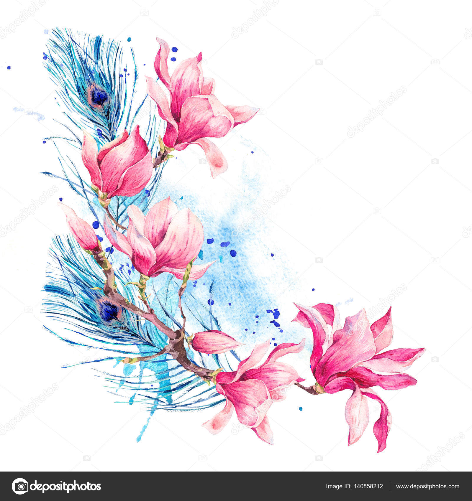 Peacock Feather Flower Bouquet Watercolor Vintage Flowers