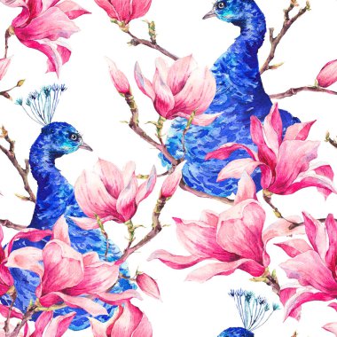 Tavus kuşu, çiçek Magnol çifti ile Seamless suluboya modeli