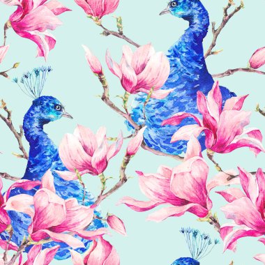 Tavus kuşu, çiçek Magnol çifti ile Seamless suluboya modeli