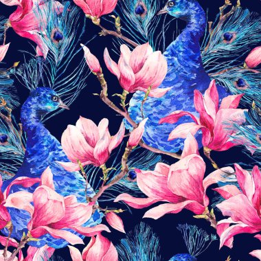 Tavus kuşu, çiçek Magnol çifti ile Seamless suluboya modeli