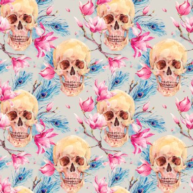 Sulu Boya Dikişsiz desen kafatası ve Manolya