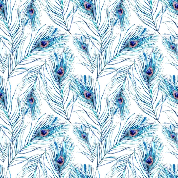 Бесшовный рисунок акварели с павлиньими перьями — стоковое фото