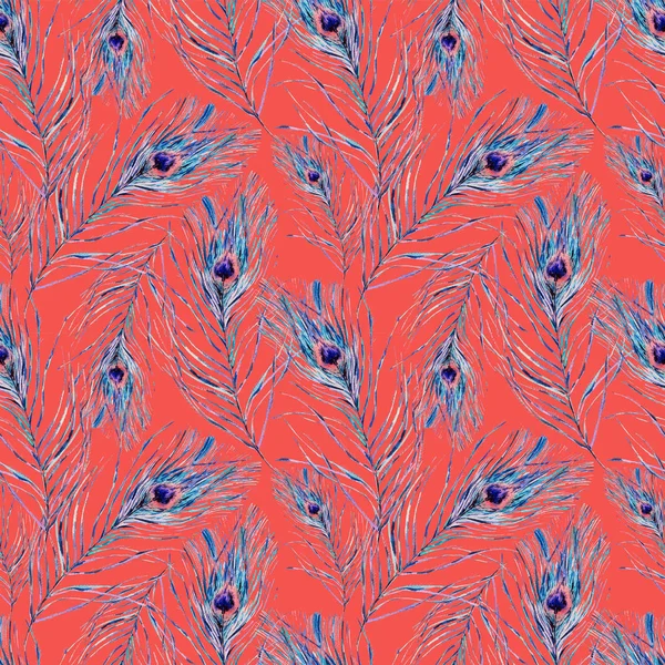 Бесшовный рисунок акварели с павлиньими перьями — стоковое фото