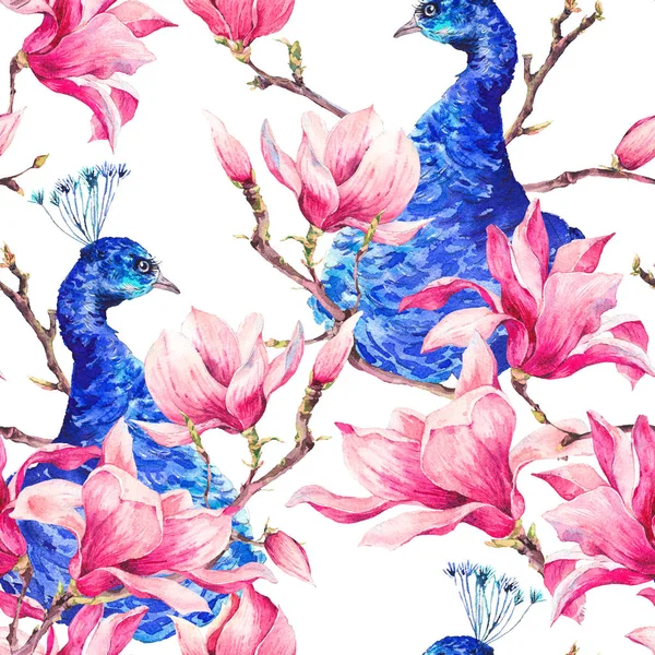 Tavus kuşu, çiçek Magnol çifti ile Seamless suluboya modeli