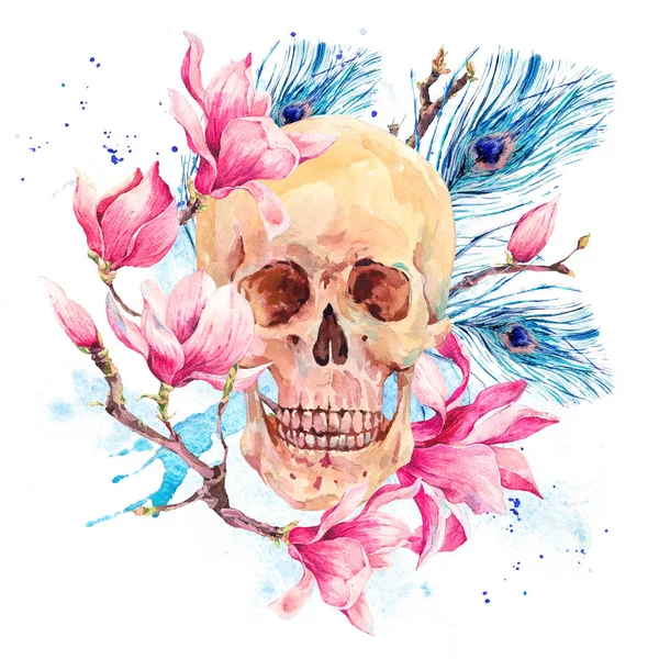 Watercolor human skull and pink flowers Magnolia — Stock Photo, Image