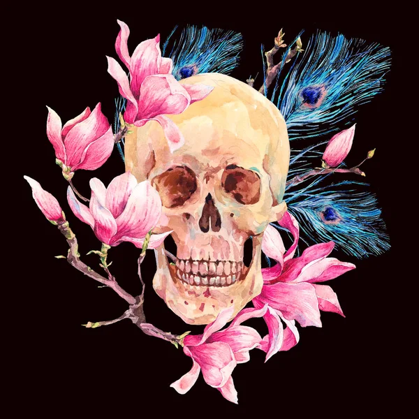 Watercolor human skull and pink flowers Magnolia — Stock Photo, Image
