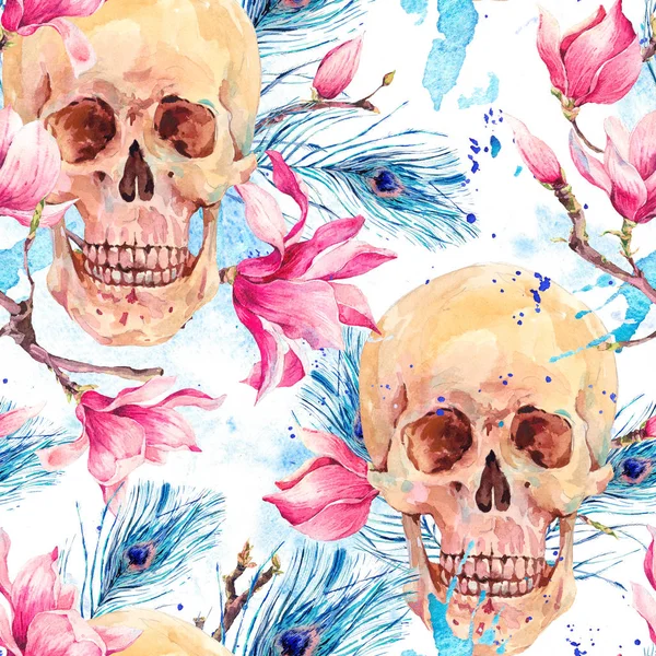 Watercolor seamless pattern with skull and Magnolia — Stock Photo, Image