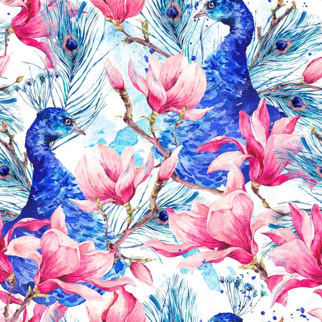 Seamless Watercolor Pattern with Pair of Peacock, Flowers Magnol