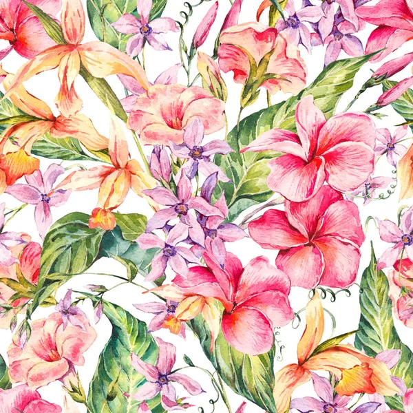 Akvarell tropiska sömlös blommönster. — Stockfoto