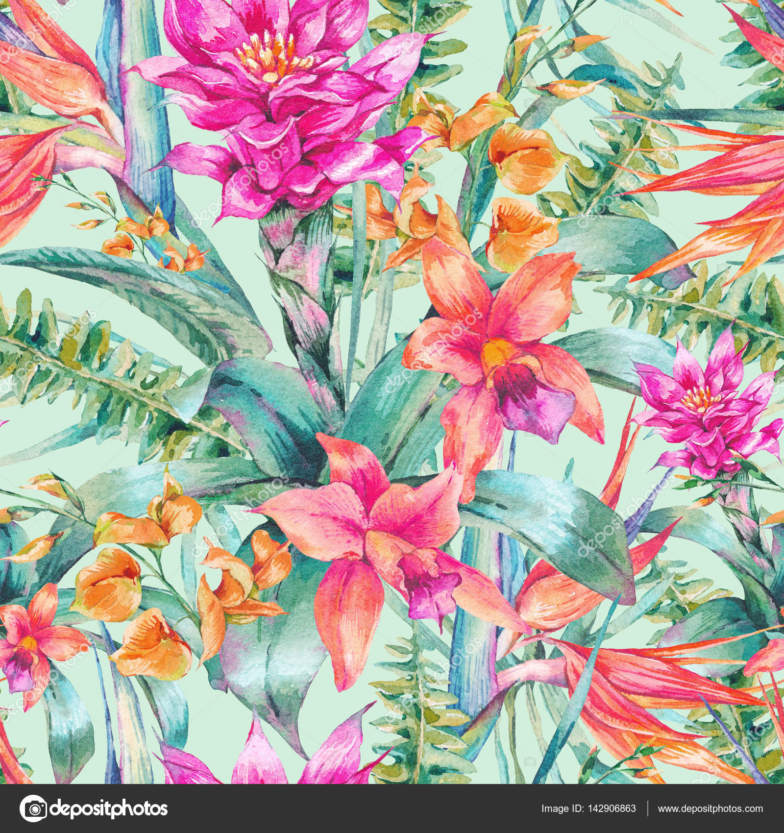 Watercolor vintage floral tropical seamless pattern ...
