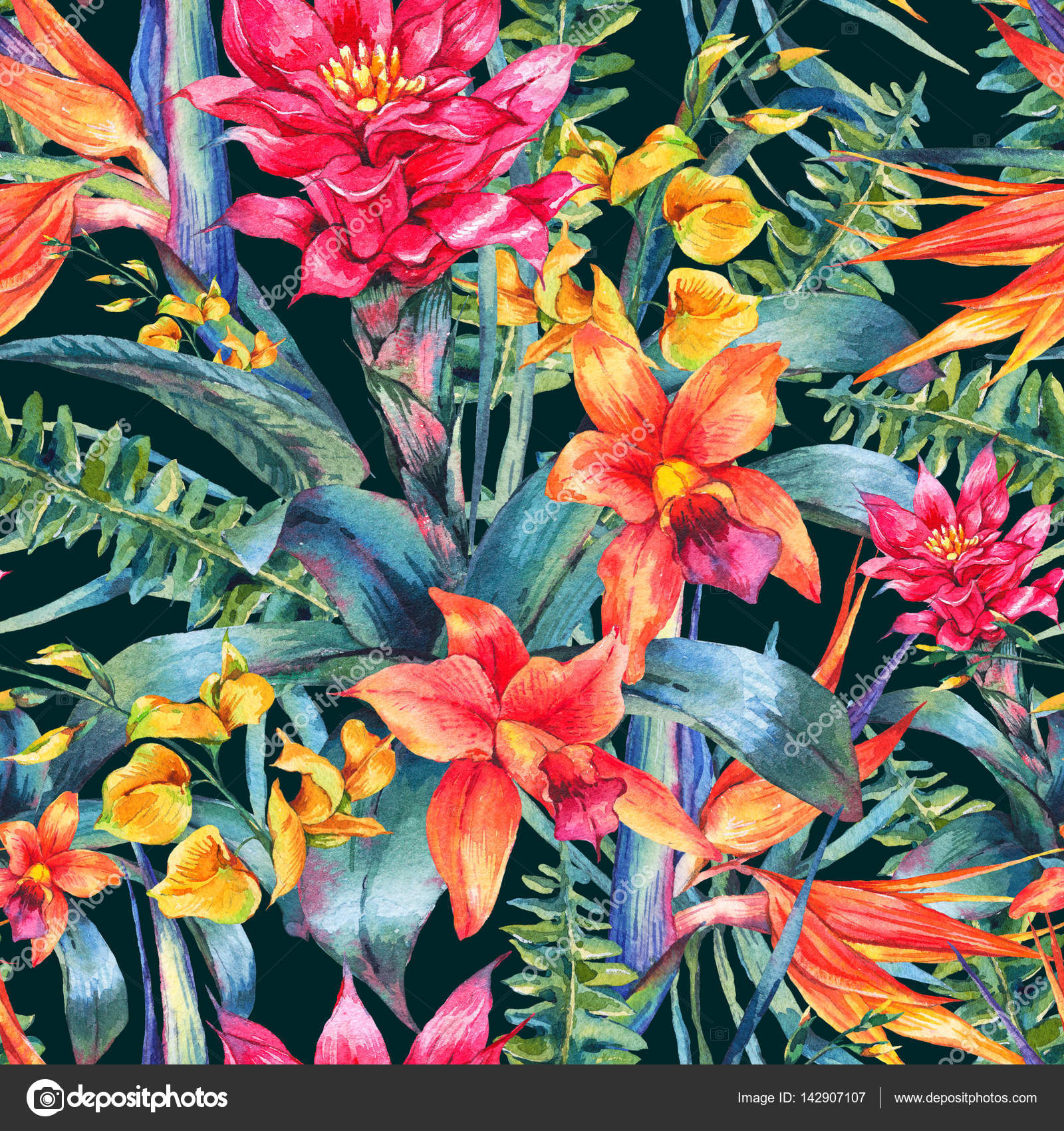 Watercolor vintage floral tropical seamless pattern ...