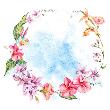 Egzotik yuvarlak kare, çiçekler, çırpı ve yaprakları.