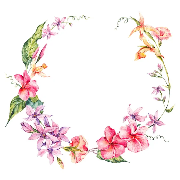 Exotic round frame, flowers, twigs and leaves. — Stock Photo, Image