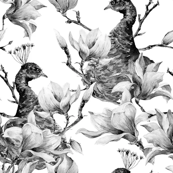 Modello acquerello senza soluzione di continuità con coppia di pavoni, fiori Magnol — Foto Stock